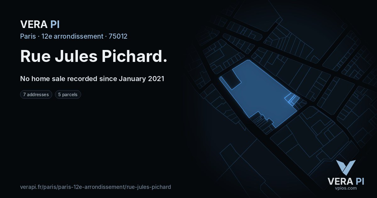 Rue Jules Pichard, 12e arrondissement at night – every parcel coloured by the prices around it, the street's own parcels lit