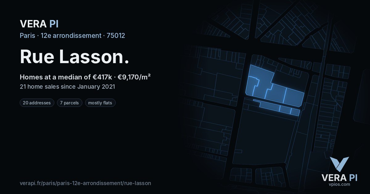 Rue Lasson, 12e arrondissement at night – every parcel coloured by the prices around it, the street's own parcels lit