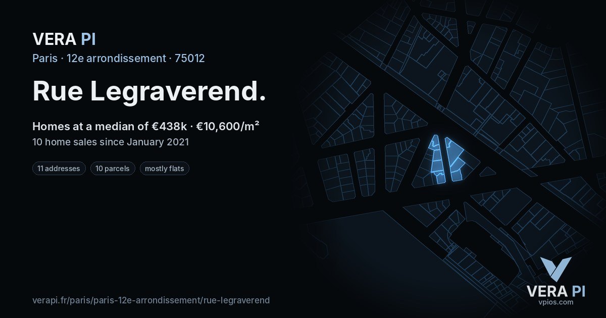 Rue Legraverend, 12e arrondissement at night – every parcel coloured by the prices around it, the street's own parcels lit