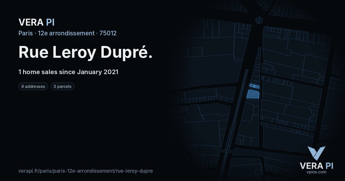 Rue Leroy Dupré, 12e arrondissement at night – every parcel coloured by the prices around it, the street's own parcels lit