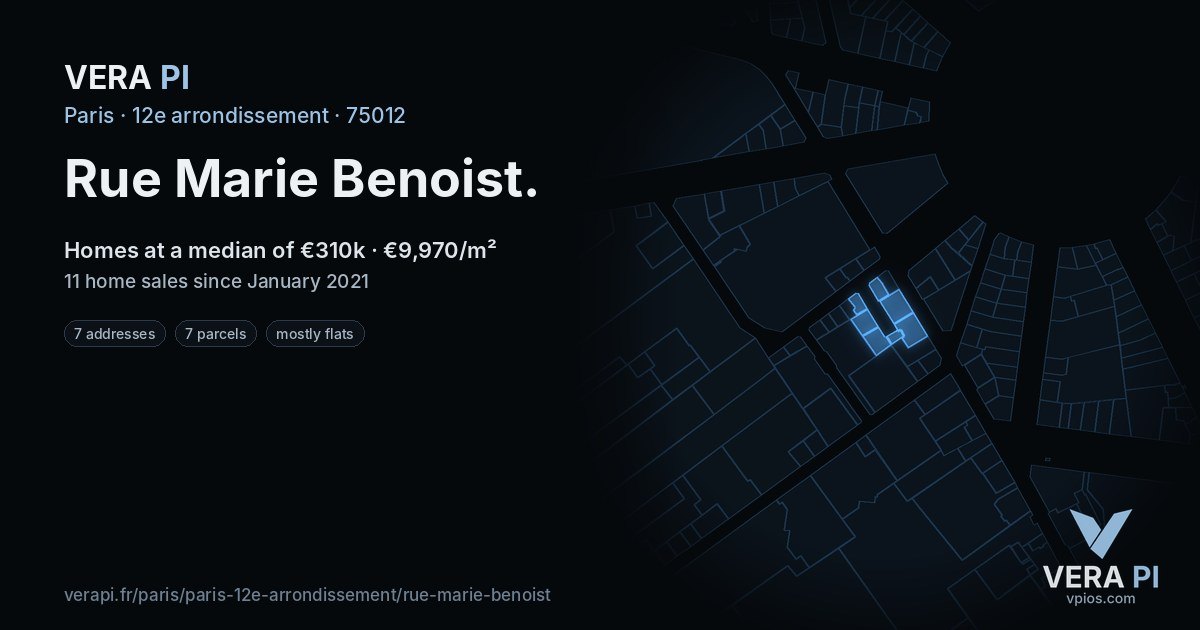Rue Marie Benoist, 12e arrondissement at night – every parcel coloured by the prices around it, the street's own parcels lit