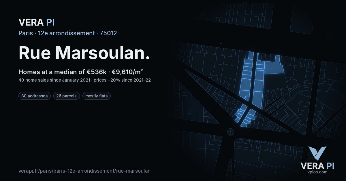 Rue Marsoulan, 12e arrondissement at night – every parcel coloured by the prices around it, the street's own parcels lit