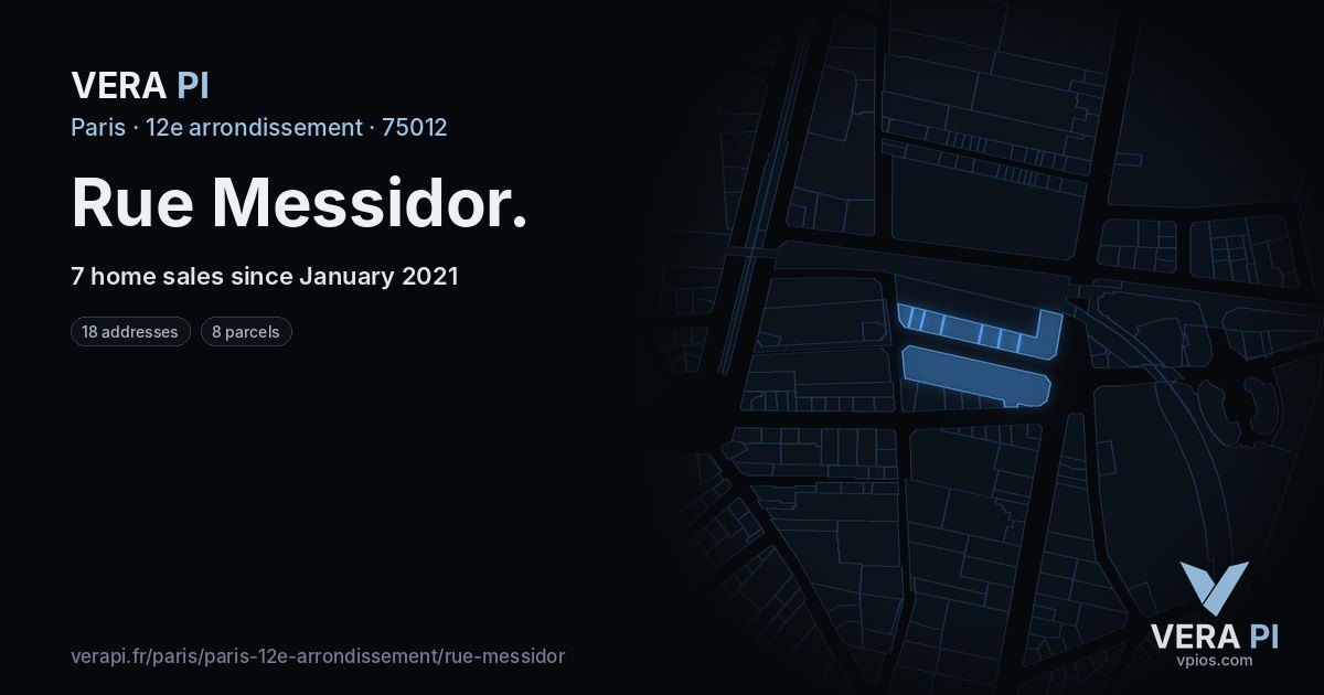 Rue Messidor, 12e arrondissement at night – every parcel coloured by the prices around it, the street's own parcels lit