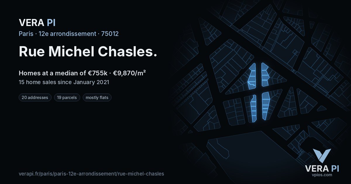 Rue Michel Chasles, 12e arrondissement at night – every parcel coloured by the prices around it, the street's own parcels lit
