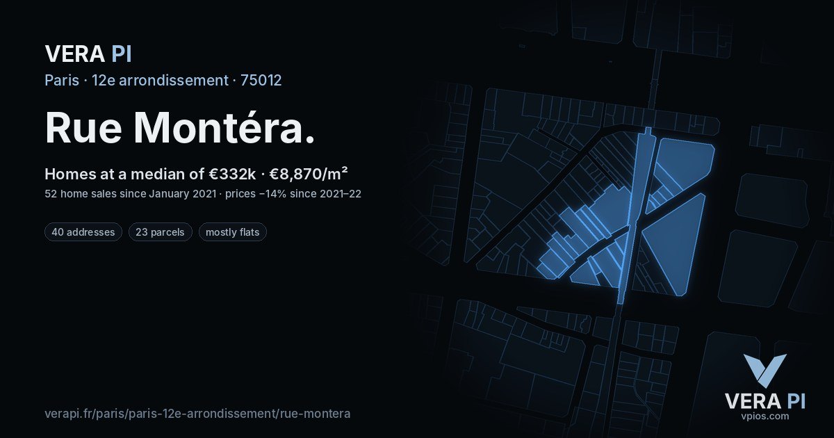Rue Montéra, 12e arrondissement at night – every parcel coloured by the prices around it, the street's own parcels lit