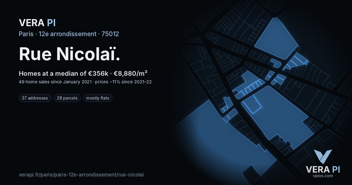 Rue Nicolaï, 12e arrondissement at night – every parcel coloured by the prices around it, the street's own parcels lit
