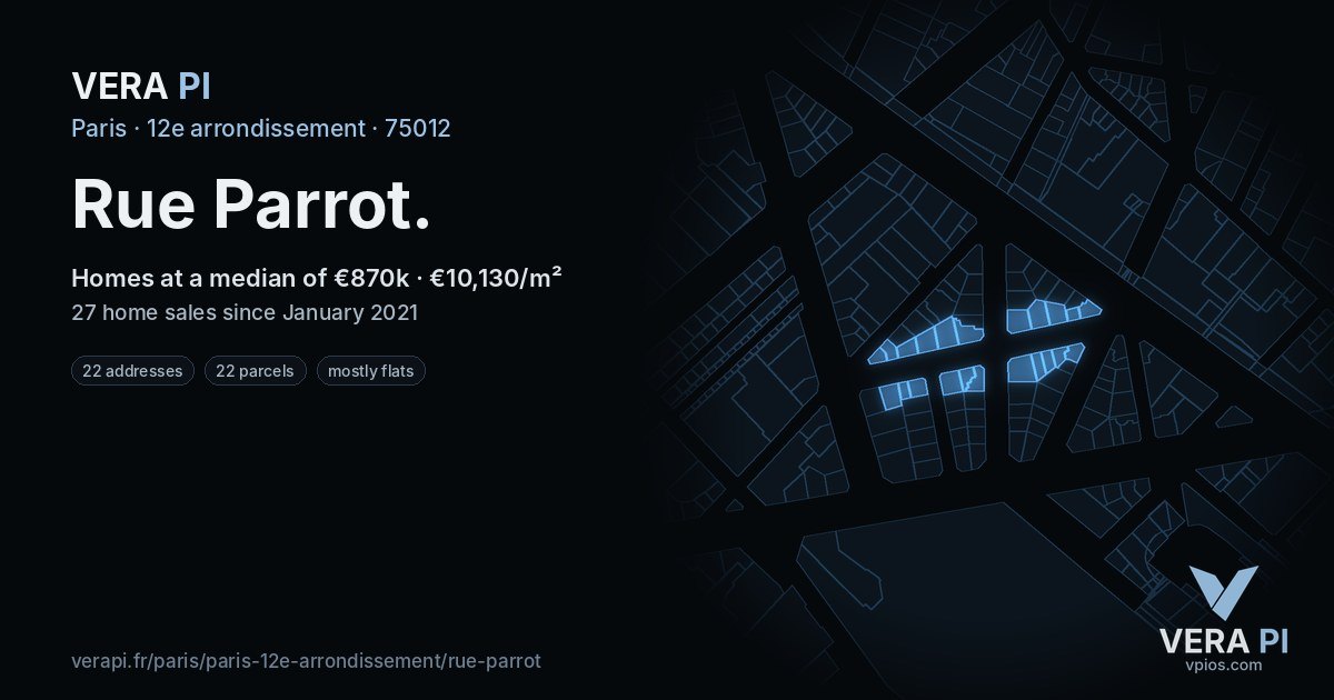 Rue Parrot, 12e arrondissement at night – every parcel coloured by the prices around it, the street's own parcels lit