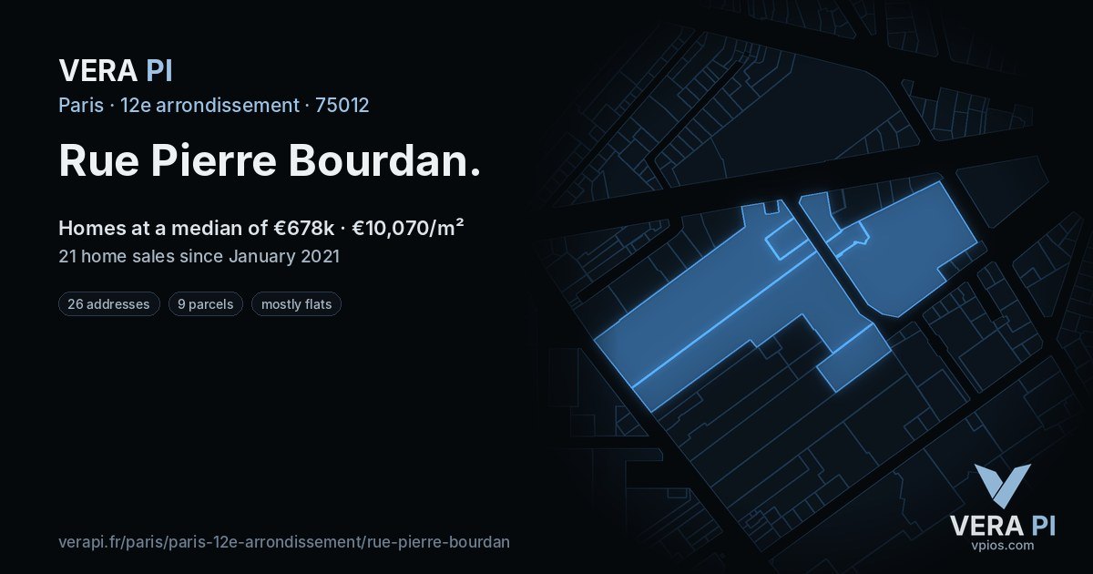 Rue Pierre Bourdan, 12e arrondissement at night – every parcel coloured by the prices around it, the street's own parcels lit