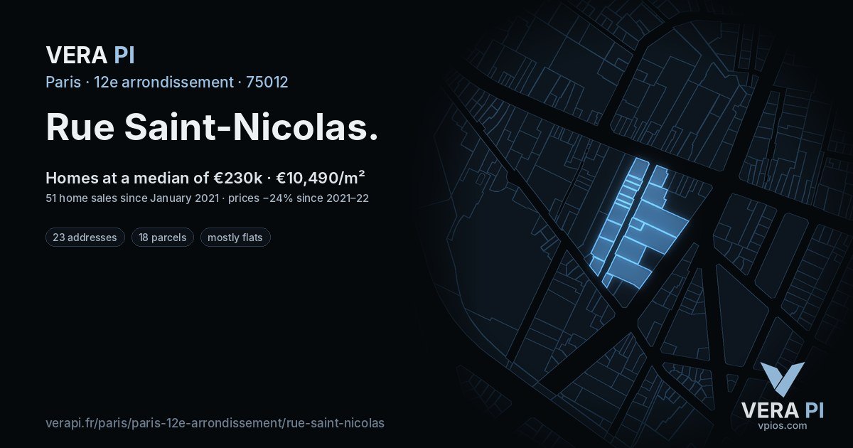 Rue Saint-Nicolas, 12e arrondissement at night – every parcel coloured by the prices around it, the street's own parcels lit