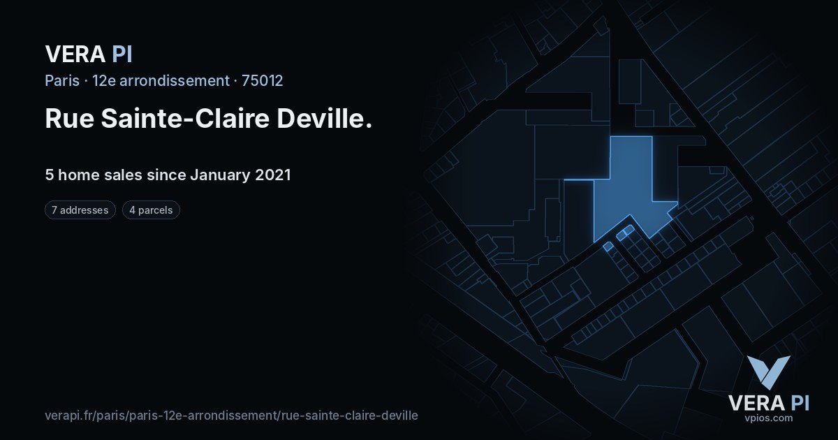 Rue Sainte-Claire Deville, 12e arrondissement at night – every parcel coloured by the prices around it, the street's own parcels lit