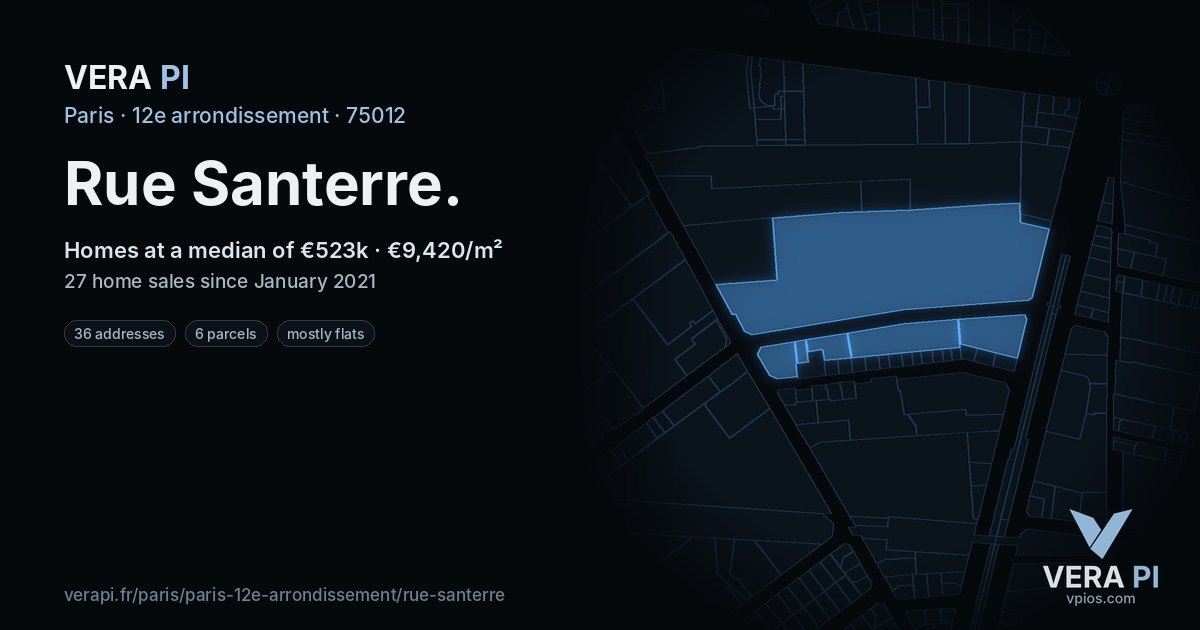 Rue Santerre, 12e arrondissement at night – every parcel coloured by the prices around it, the street's own parcels lit