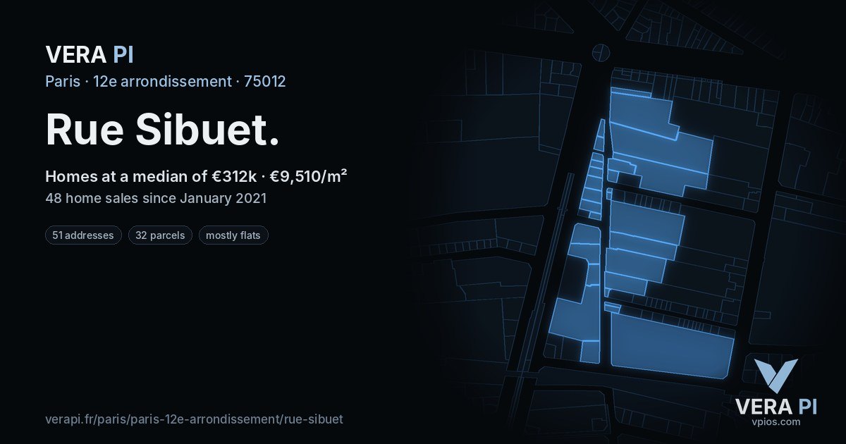 Rue Sibuet, 12e arrondissement at night – every parcel coloured by the prices around it, the street's own parcels lit