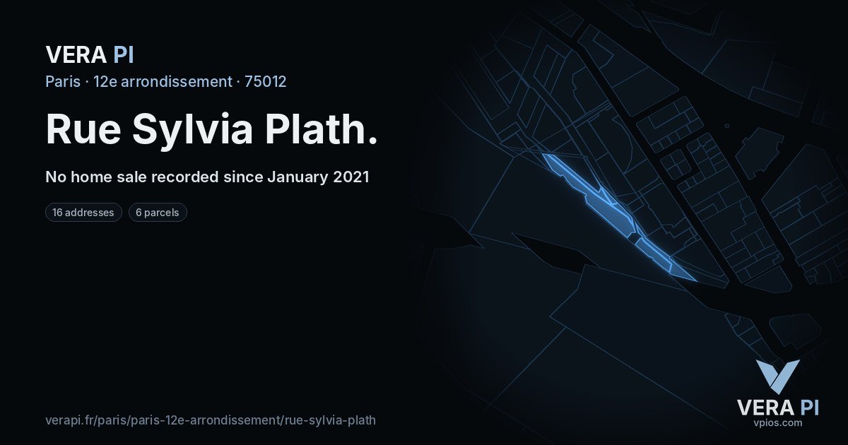 Rue Sylvia Plath, 12e arrondissement at night – every parcel coloured by the prices around it, the street's own parcels lit