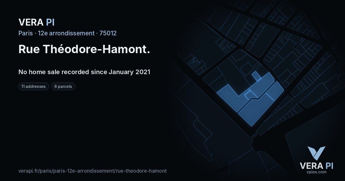 Rue Théodore-Hamont, 12e arrondissement at night – every parcel coloured by the prices around it, the street's own parcels lit