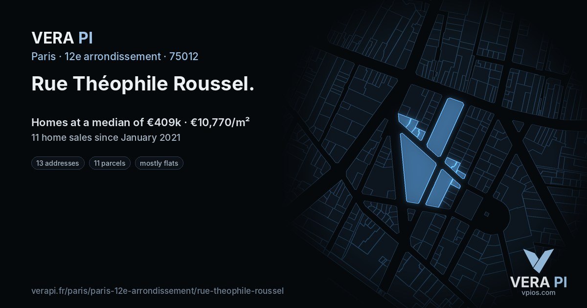 Rue Théophile Roussel, 12e arrondissement at night – every parcel coloured by the prices around it, the street's own parcels lit
