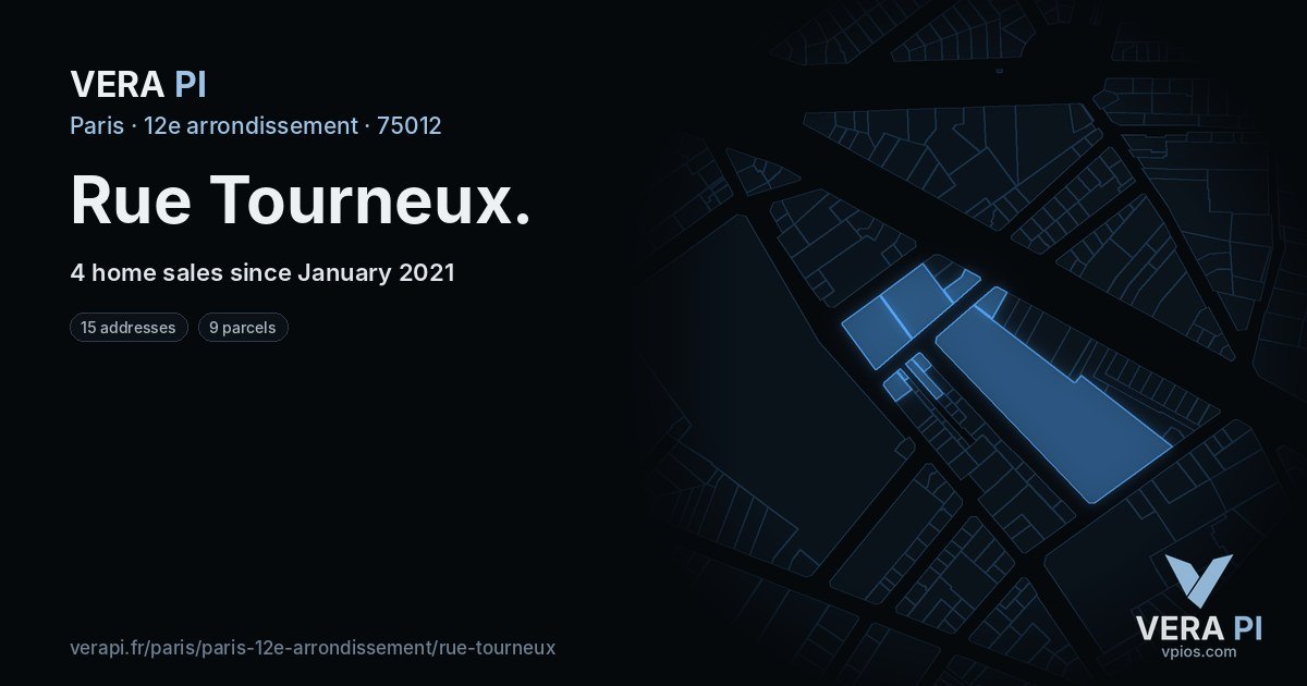 Rue Tourneux, 12e arrondissement at night – every parcel coloured by the prices around it, the street's own parcels lit