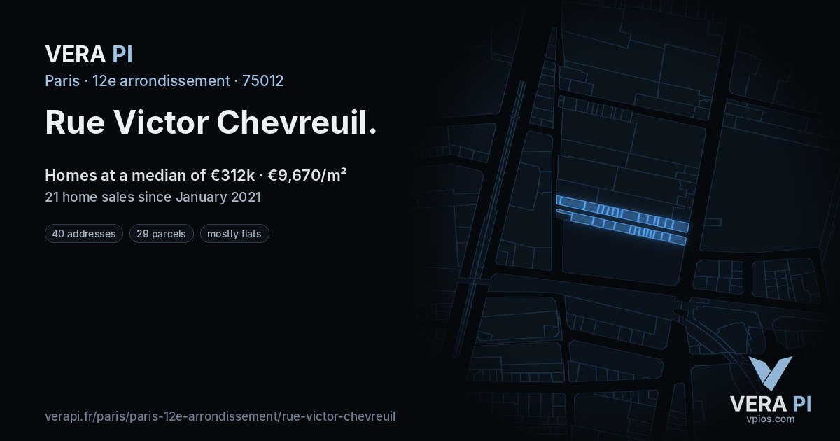 Rue Victor Chevreuil, 12e arrondissement at night – every parcel coloured by the prices around it, the street's own parcels lit
