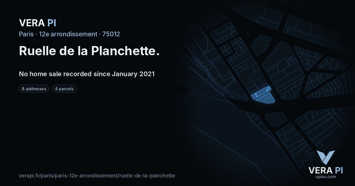 Ruelle de la Planchette, 12e arrondissement at night – every parcel coloured by the prices around it, the street's own parcels lit