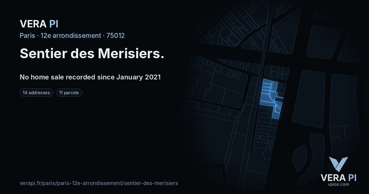 Sentier des Merisiers, 12e arrondissement at night – every parcel coloured by the prices around it, the street's own parcels lit