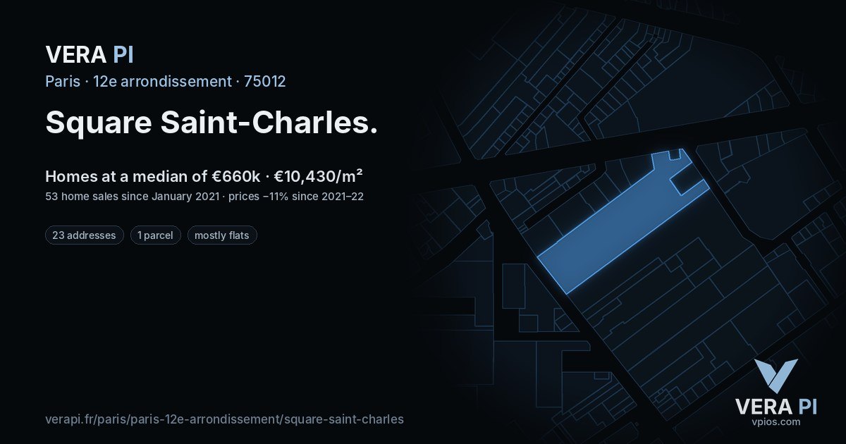 Square Saint-Charles, 12e arrondissement at night – every parcel coloured by the prices around it, the street's own parcels lit