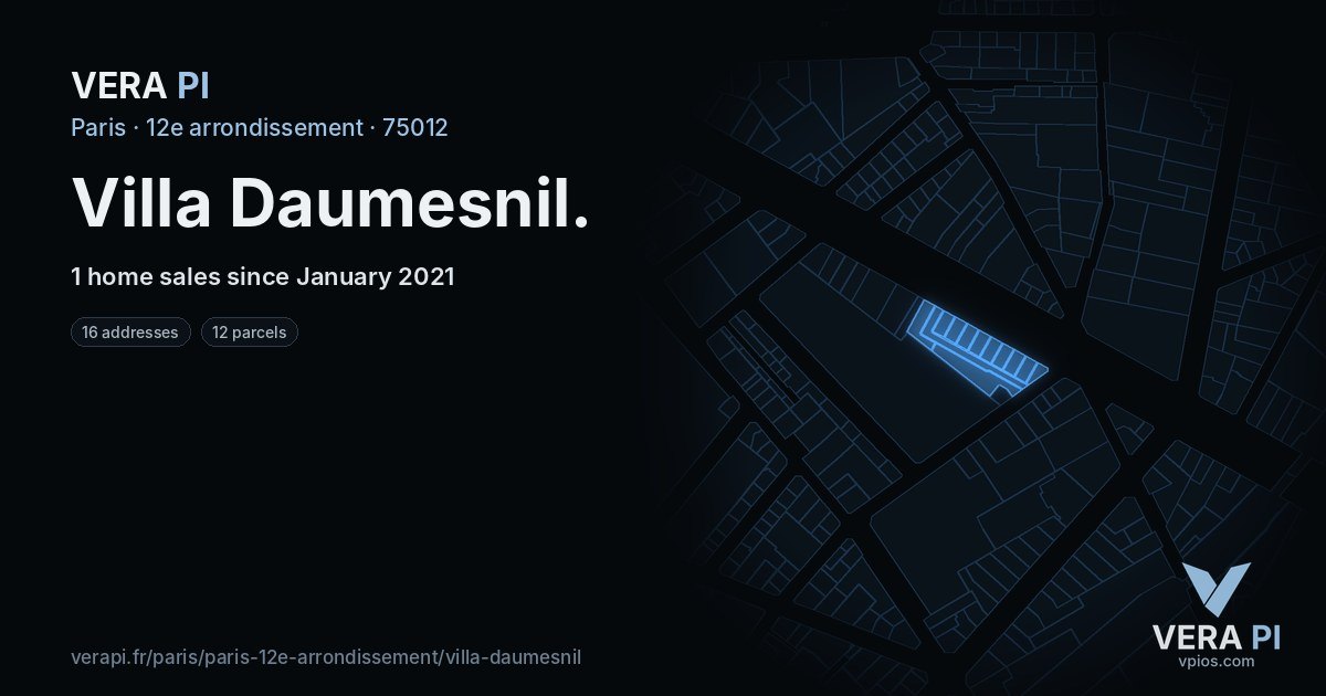 Villa Daumesnil, 12e arrondissement at night – every parcel coloured by the prices around it, the street's own parcels lit
