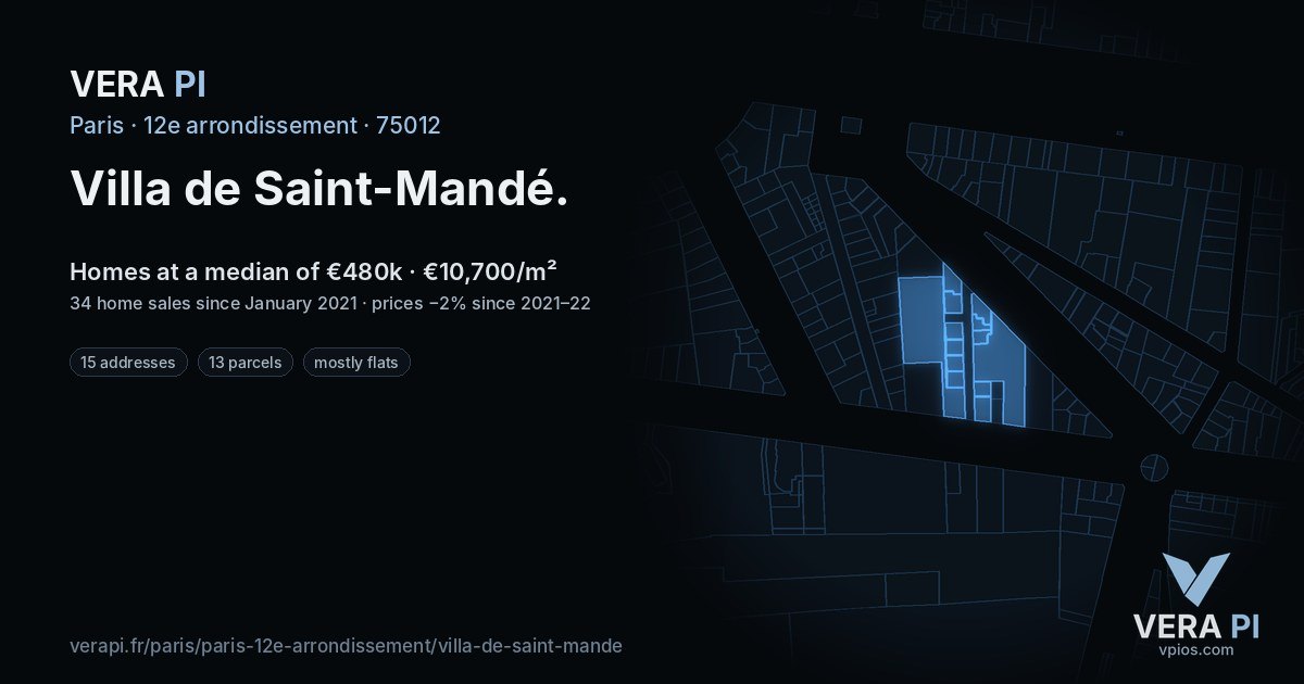 Villa de Saint-Mandé, 12e arrondissement at night – every parcel coloured by the prices around it, the street's own parcels lit