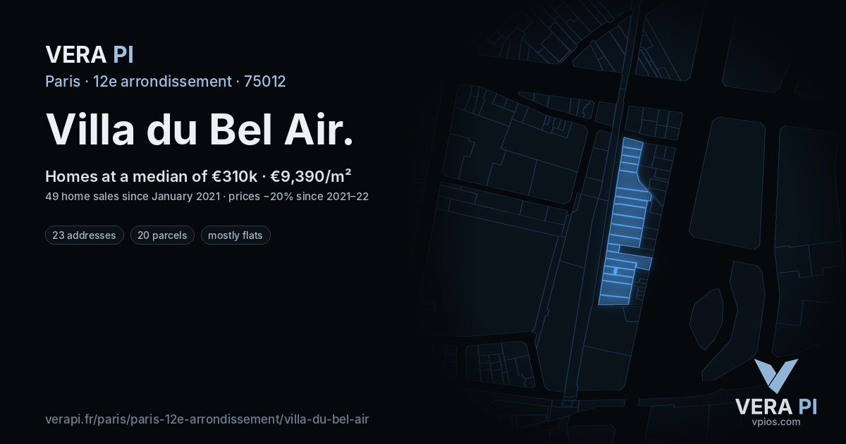 Villa du Bel Air, 12e arrondissement at night – every parcel coloured by the prices around it, the street's own parcels lit