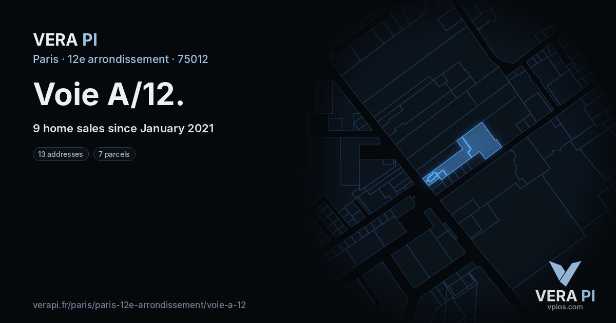 Voie A/12, 12e arrondissement at night – every parcel coloured by the prices around it, the street's own parcels lit