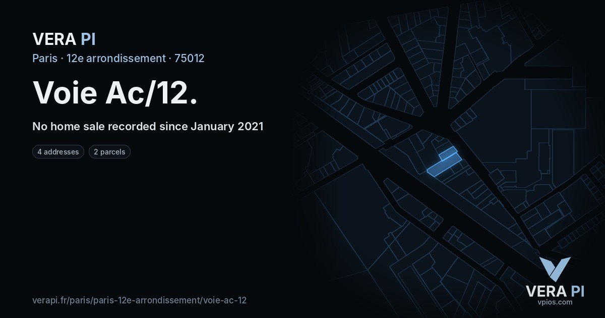 Voie Ac/12, 12e arrondissement at night – every parcel coloured by the prices around it, the street's own parcels lit