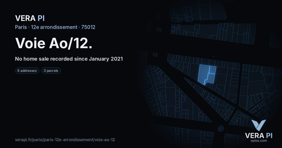 Voie Ao/12, 12e arrondissement at night – every parcel coloured by the prices around it, the street's own parcels lit