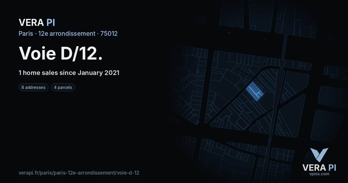 Voie D/12, 12e arrondissement at night – every parcel coloured by the prices around it, the street's own parcels lit