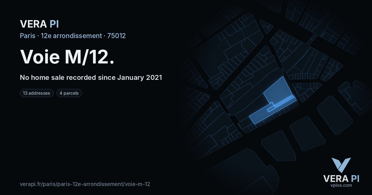 Voie M/12, 12e arrondissement at night – every parcel coloured by the prices around it, the street's own parcels lit