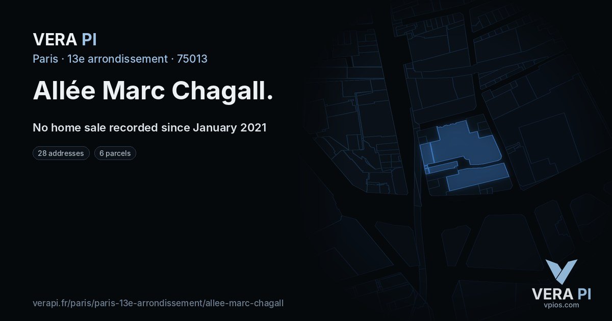 Allée Marc Chagall, 13e arrondissement at night – every parcel coloured by the prices around it, the street's own parcels lit