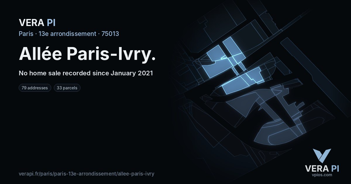 Allée Paris-Ivry, 13e arrondissement at night – every parcel coloured by the prices around it, the street's own parcels lit