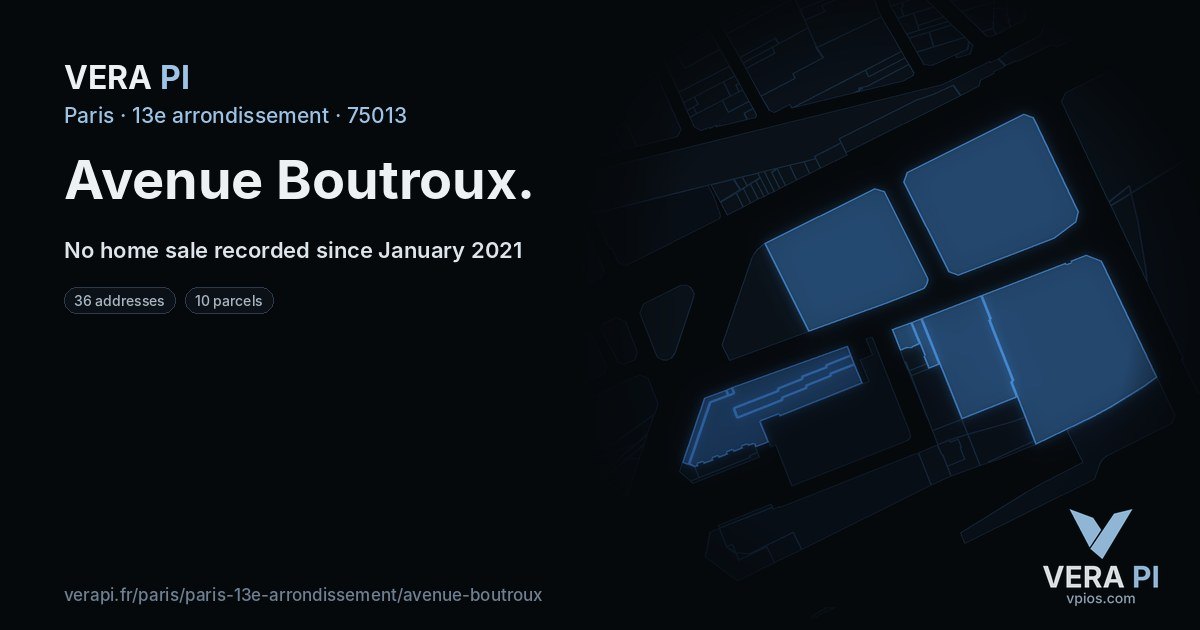 Avenue Boutroux, 13e arrondissement at night – every parcel coloured by the prices around it, the street's own parcels lit