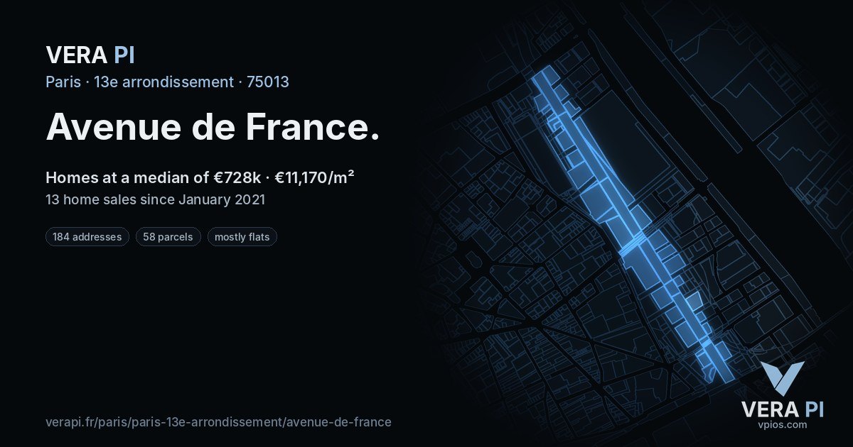 Avenue de France, 13e arrondissement at night – every parcel coloured by the prices around it, the street's own parcels lit