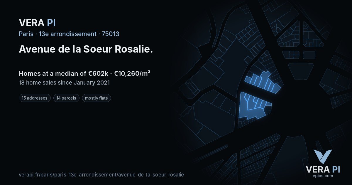 Avenue de la Soeur Rosalie, 13e arrondissement at night – every parcel coloured by the prices around it, the street's own parcels lit