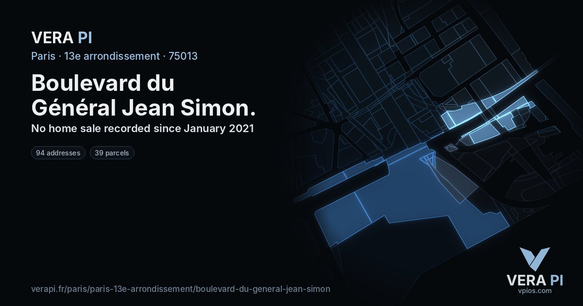 Boulevard du Général Jean Simon, 13e arrondissement at night – every parcel coloured by the prices around it, the street's own parcels lit