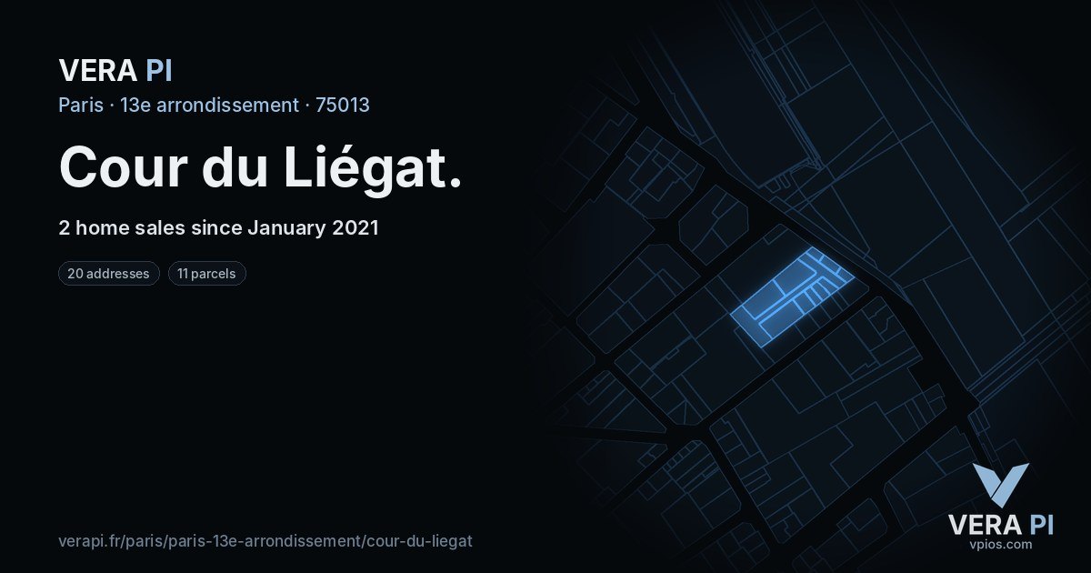 Cour du Liégat, 13e arrondissement at night – every parcel coloured by the prices around it, the street's own parcels lit