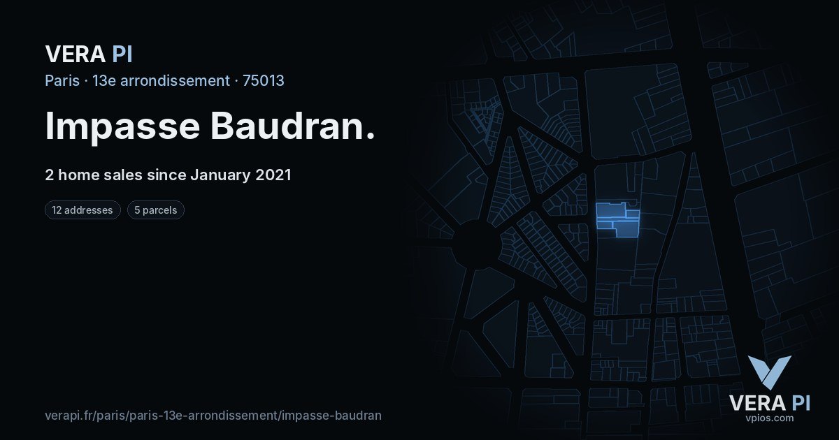 Impasse Baudran, 13e arrondissement at night – every parcel coloured by the prices around it, the street's own parcels lit