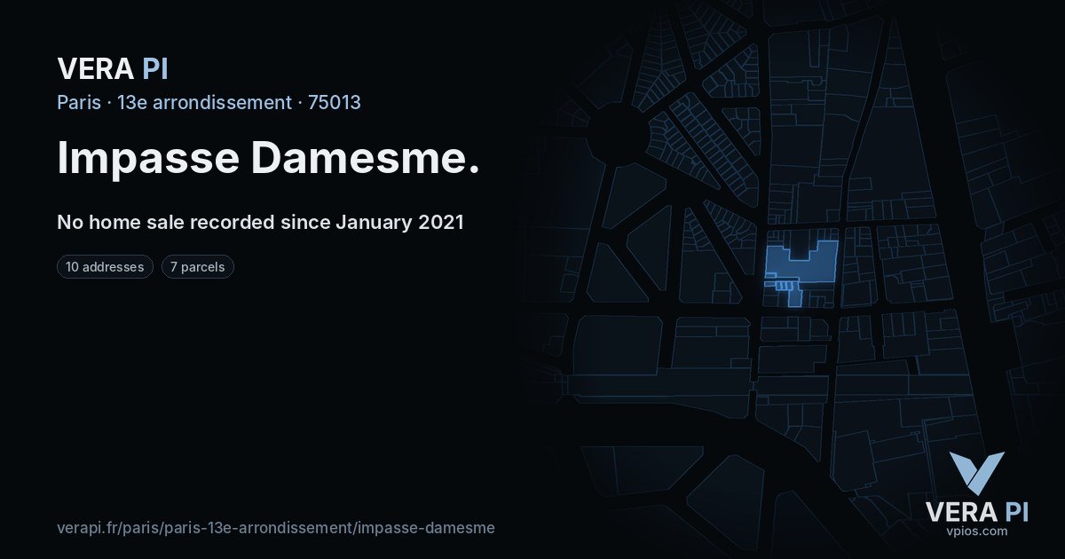 Impasse Damesme, 13e arrondissement at night – every parcel coloured by the prices around it, the street's own parcels lit