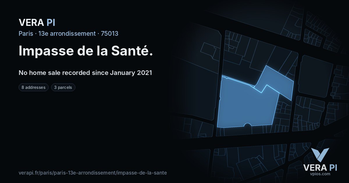 Impasse de la Santé, 13e arrondissement at night – every parcel coloured by the prices around it, the street's own parcels lit