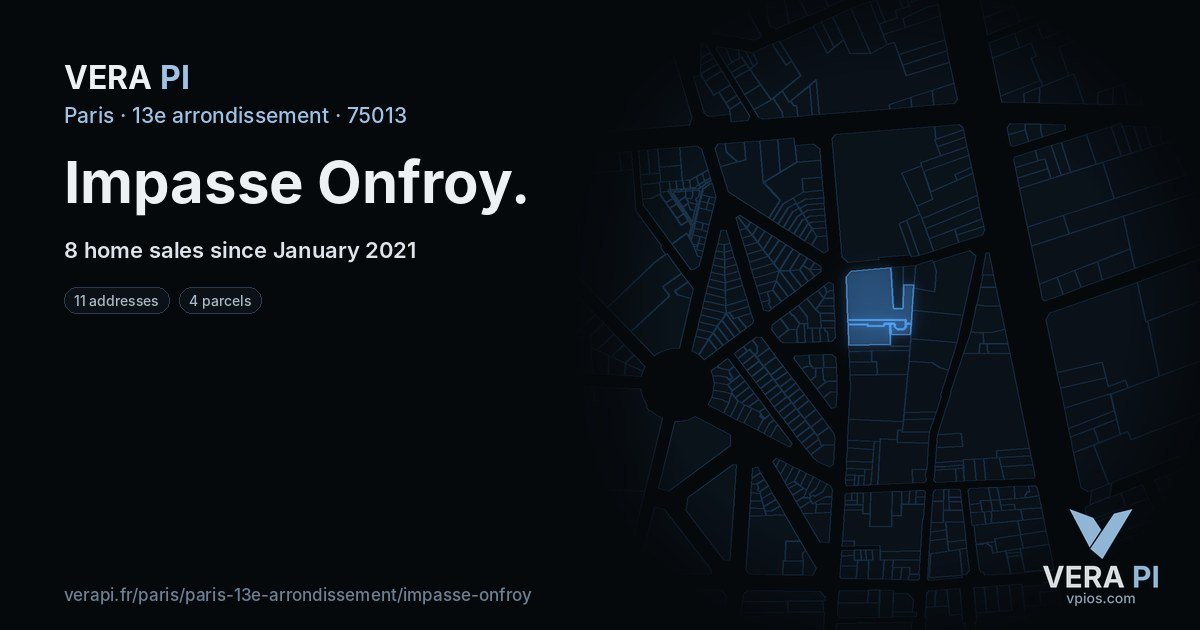 Impasse Onfroy, 13e arrondissement at night – every parcel coloured by the prices around it, the street's own parcels lit