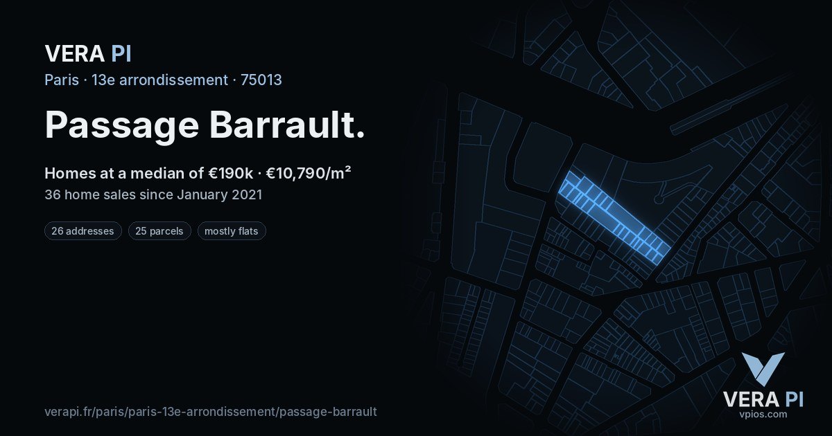 Passage Barrault, 13e arrondissement at night – every parcel coloured by the prices around it, the street's own parcels lit