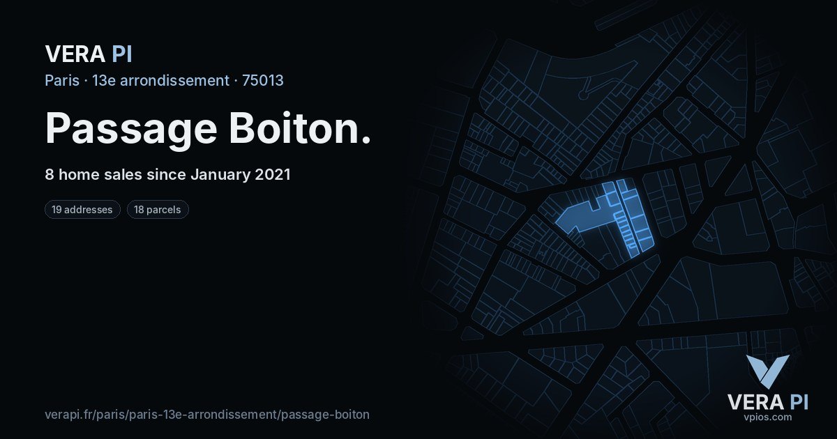 Passage Boiton, 13e arrondissement at night – every parcel coloured by the prices around it, the street's own parcels lit