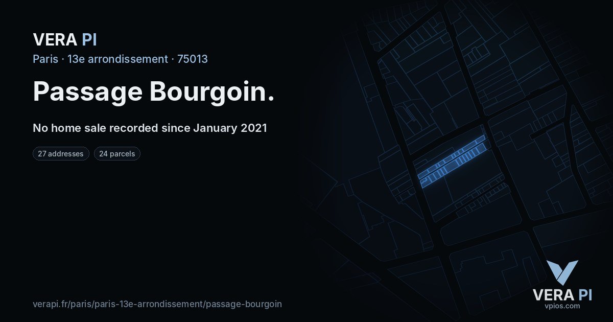 Passage Bourgoin, 13e arrondissement at night – every parcel coloured by the prices around it, the street's own parcels lit