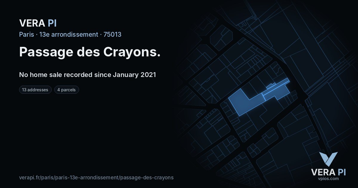 Passage des Crayons, 13e arrondissement at night – every parcel coloured by the prices around it, the street's own parcels lit