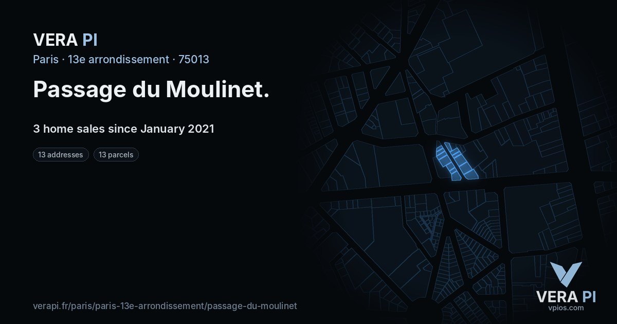 Passage du Moulinet, 13e arrondissement at night – every parcel coloured by the prices around it, the street's own parcels lit