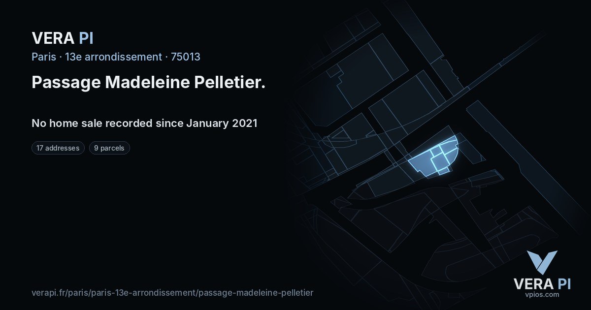 Passage Madeleine Pelletier, 13e arrondissement at night – every parcel coloured by the prices around it, the street's own parcels lit