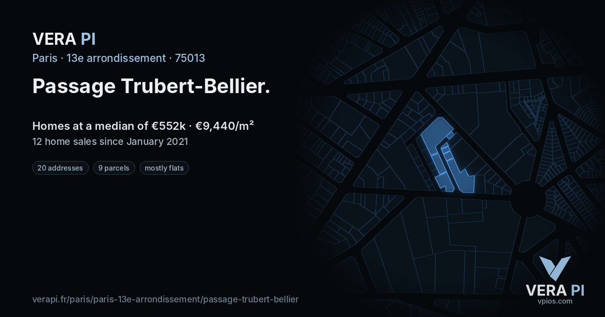 Passage Trubert-Bellier, 13e arrondissement at night – every parcel coloured by the prices around it, the street's own parcels lit